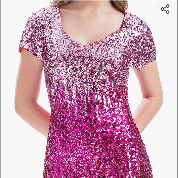 Sequin Glitter Short Sleeve V-Neck Dress - Picture 2 of 13